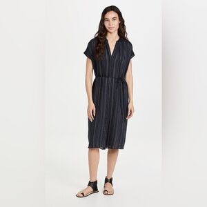 Vince Short Sleeve Drapey Stripe Shirred Dress